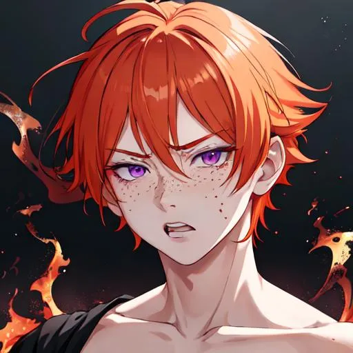 Prompt: Erikku male adult (short ginger hair, freckles, right eye blue left eye purple) UHD, 8K, Highly detailed, insane detail, best quality, high quality,  anime style, in purgatory, angry, fighting, covered in blood