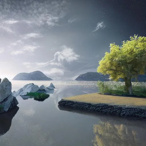 Prompt: interesting landscape, liminal space, heavenly lighting, mysterious body of water in view, strange clouds in the sky, 3d blender render, highly detailed