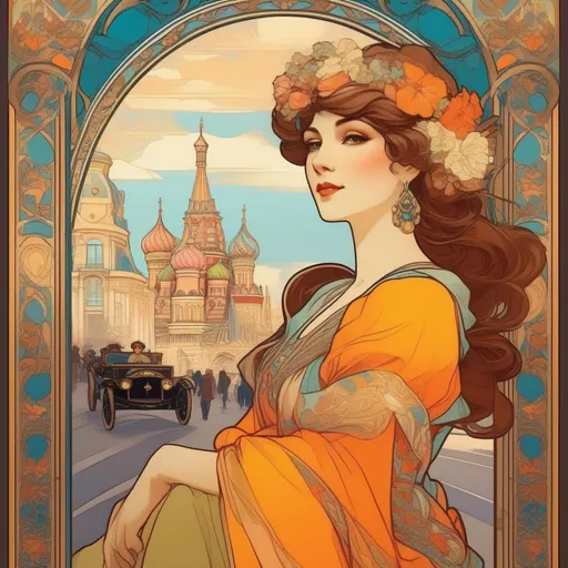 Prompt: Please create a russian style poster in the style of Alphonse Mucha of a beautiful perfectly proportioned woman in a Parisian street scene. Bright colours 
 