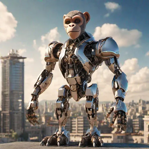 Prompt: (masterpiece, best quality, CGI, official art:1.2), half-mechanical half-humanoid android, human body with monkey head, dark brown eyes, pointed ears, light brown fur, sparkling metallic chest, robotic arms and legs, standing on a terrace, panoramic view of a city, blue sky, white clouds, horizontal background