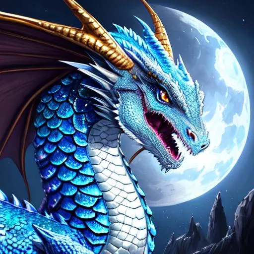 Prompt:  detailed fantasy creature portrait, realistic, highly detailed, digital painting, concept art, sharp focus, full character view, illustration, panned out view, very detailed, gorgeous female dragon, dragon is graceful, dragon is wise, dragon is royal blue, dragon has deep blue eyes, dragon has large wings, dragons scales are shining in the moonlight, dragons scales are perfectly proportioned, dragons scales are metallic, dragons wings are folded, dragons wings are beautiful, Dragons wings are perfectly proportioned, dragons tail is Long, dragons head is stunning, dragon is Sitting down, dragon is in a field, mythical creature, animal