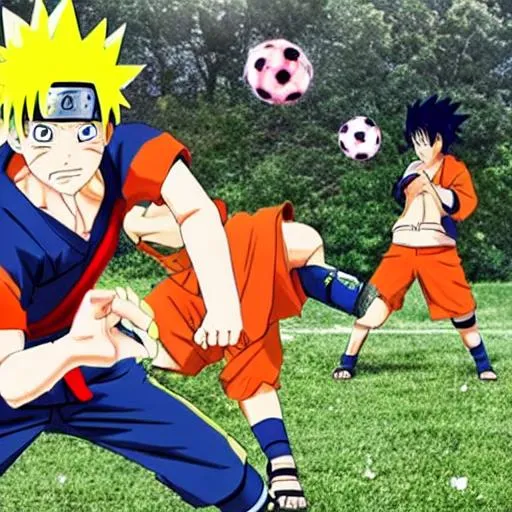 Prompt: Naruto playing soccer with Goku
