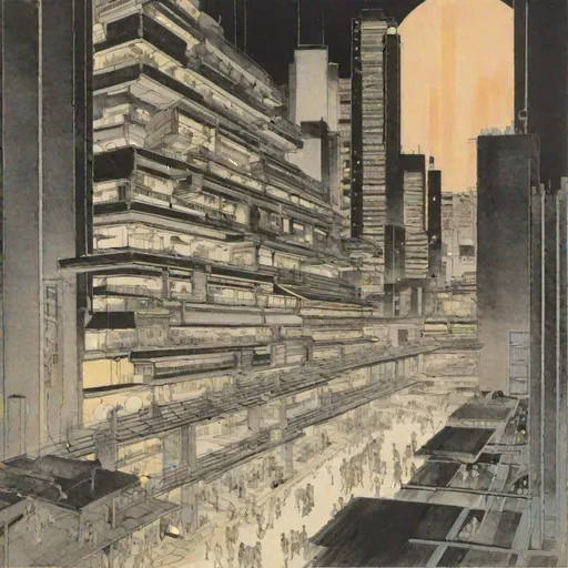 Prompt: Architectural drawing of nightlife in a brutalist haven city during the year 3030 by Kisho Kurokawa 