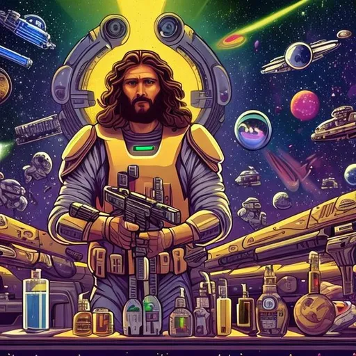 Prompt: widescreen, photo, painting, longshot, wide view, overhead lighting, infinity vanishing point, jesus with Fabrique Nationale Mk 48 machine gun, surrounded by multiple jesus in spacesuits, relaxing at the bar saloon, in an exotic space cantina, vibrant galaxy background, surprise me