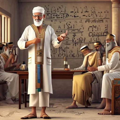 Prompt: Ancient Old man with realistic look Egyptian clothing wear, a chemist teaching people about chemistry 