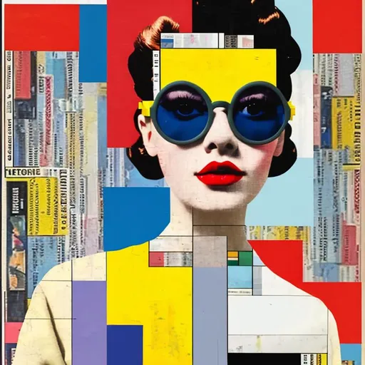 Prompt: Beautiful pop woman, vintage, hairstyle, wearing sunglasses and a Piet Mondrian inspired minimalistic dress, walking in the street, full body, primary colors, fine art, negative space composition, perfect composition, collage with scratched vintage magazines, photos & newspapers, fanzine