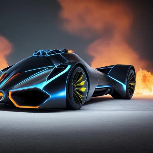 Prompt: Futuristic hyper Batmobile on burning flames and ice sharp cosmic speed 