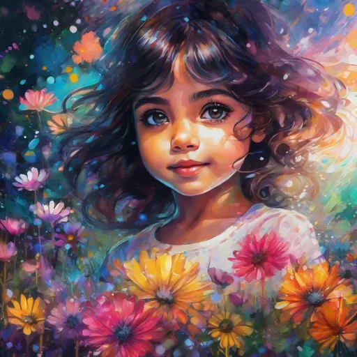 Prompt: Particle spectra hologlitch, A close up portrait of a A cheerful little girl picking flowers in a field on a warm sunny day, big eyes, dark hair , by Callie Fink and SIYA OUM,  liquid ink, Datamoshing , Vaporware, alcohol ink wash, aesthetic, centered, 16k resolution , HQ 