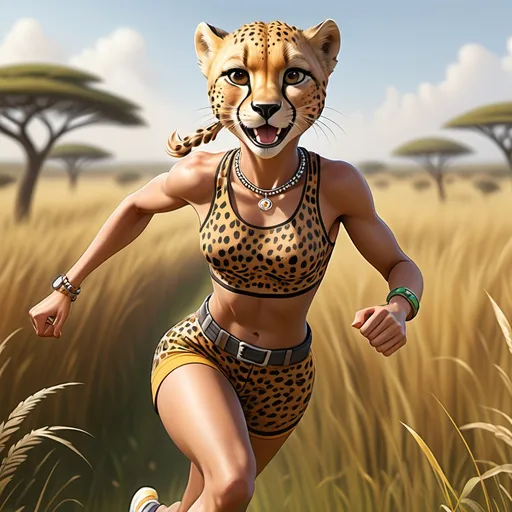 Prompt: ultra-detailed, best_quality, (tall, lean, cute, slim, and alluring anthropomorphic cheetah girl), detailed smiling and expressive facial features, dynamically posed running across a grassy savanna, wearing running outfit, jewelry and ear piercings