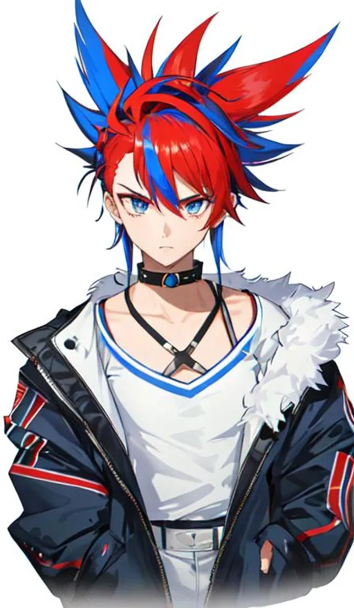 Prompt: Aster, 1 male. intimidating, blue and red mohawk
