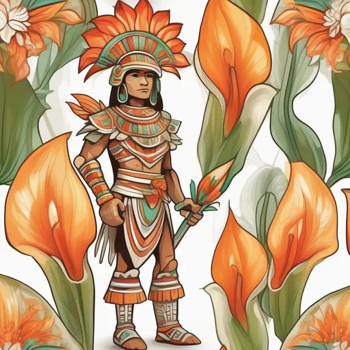 Prompt: Aztec Warrior, flower and leaf based, colors are white leaf-green orange-cream and orange-red, Calla Lily, glowing iridescent, masterpiece, best quality, in cartoon style
