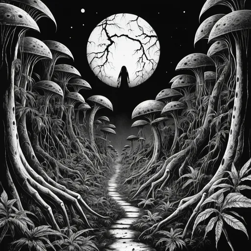 Prompt: Eerie black and white landscape illustration of alien jungle, Junji Ito style, nightmare, eerie atmosphere, detailed nature, dark and haunting, highres, detailed, eerie, Junji Ito style, alien landscape, black and white, nightmare, eerie, jungle, nature, wall of flesh, flesh, madness