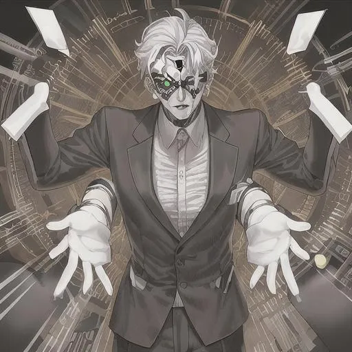 Prompt: Impossible Illusion Man, Fear Factory of Dependence, Chrome Energy Life, Sepia-tone Background, White_Gloves, Counterclockwise, Business Man, Super Villain, Horror, Markings of Occult