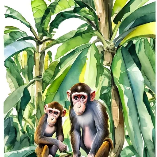 Prompt: Monkeys raiding a banana grove in watercolor