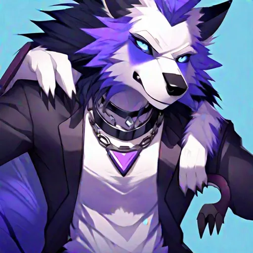 Prompt: Anthro, furry, blue and white fur, wolf, black arms, purple eyes, male, long black ears, black hair tuft, spiked dog collar, realistic