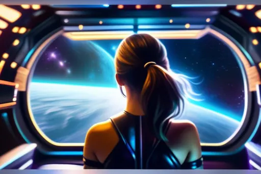 Prompt: Woman looking outside the window from the inside of a spaceship at a nebula; focus on woman, UHD, hyper-realistic, cinematic lighting, photo-realistic, 8k