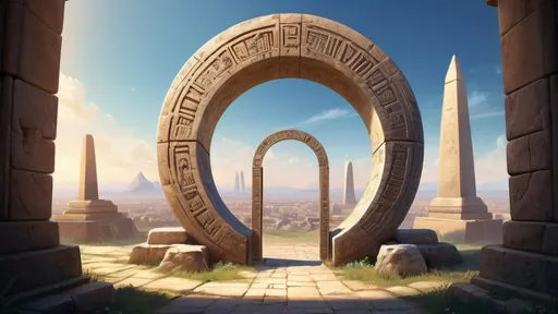 Prompt: circular portal, gateway between cities realms worlds kingdoms, ring standing on edge, freestanding ring, hieroglyphs on ring, complete ring, obelisks, panoramic view