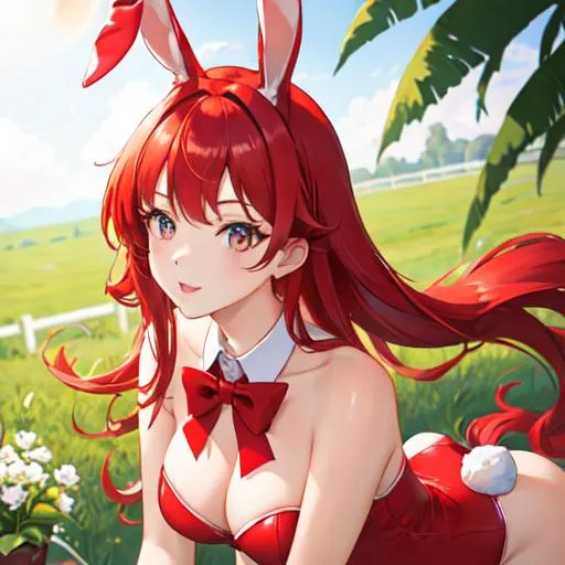 Prompt: Haley as a horse girl with bright red hair pulled back, wearing a bunny outfit