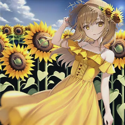 Prompt: Girl in yellow sunflower dress