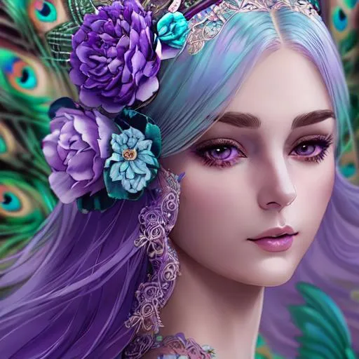 Prompt: dynamic composition of a pale skinned woman with hair of flowers and peacock plummage  of aqua and purple, ornate details,lacey clothes, facial closeup