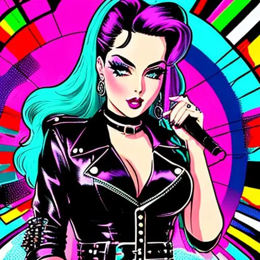 Prompt: Retro lesbian punk rock 70's vibe trippy comic style pop art goth punk fashion 
