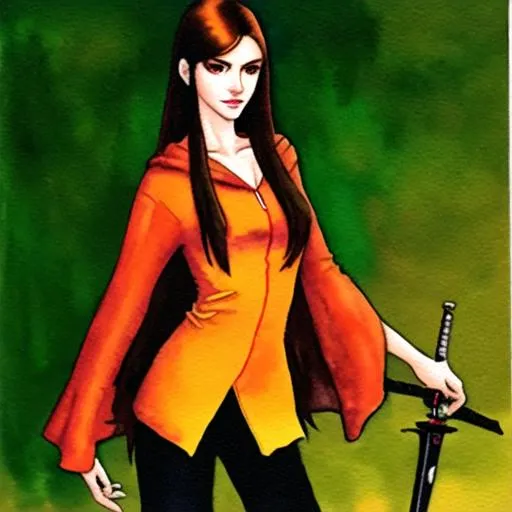 Prompt: Watercolor art, young woman, sci-fi, orange cloak, black pants, long brown hair, holding a dagger