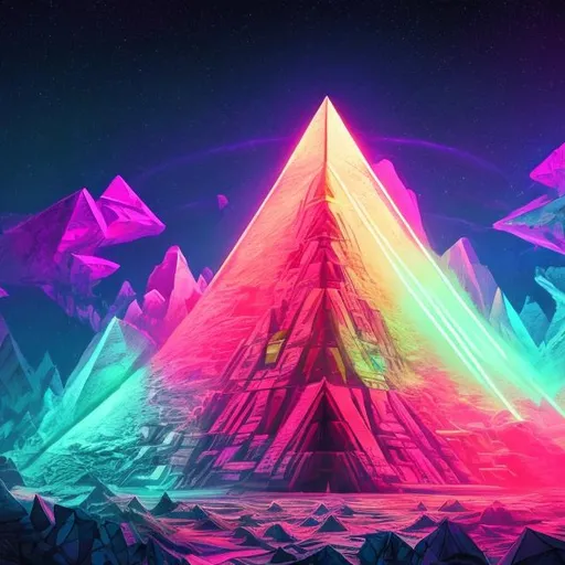 Prompt: wide view cropped image, base point of view, giant crystal pyramid, overhead neon green lighting, infinity vanishing point, neon blue nebula background