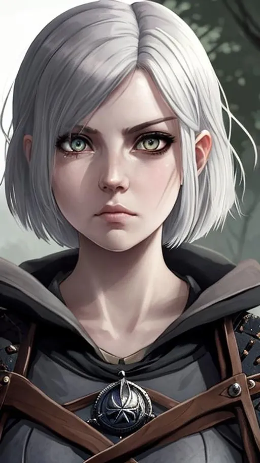 Prompt: The witcher in elden ring style tomboy girl with very short hair, thin nose, grey eyes, gorgeous, sigma, mysterious, looking at the sky, boy cut hair, sad, depressed 