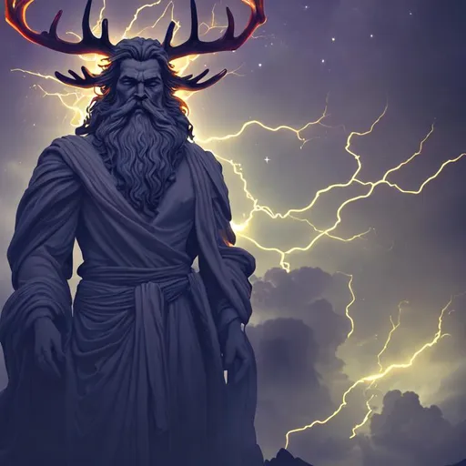 Prompt: stone statue of man, majestic flowing robe, majestic rugged beard, glowing eyes, angry, casting thunder magic, floating in outer space, antlers, dark gas clouds, cosmic scene, yellow lightning, masterpiece, ultra hd, 4k, dynamic lighting, photorealistic