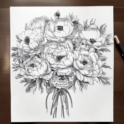Prompt: draw a bouquet of ranunculus and peony flowers in outline style with black ink