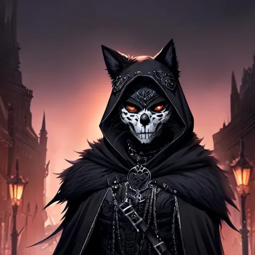 Prompt: Splash art of male furry, black fur wearing white skull mask, black cloak, hooded, cat ears, at night, very detailed, uhd, trending on artstation