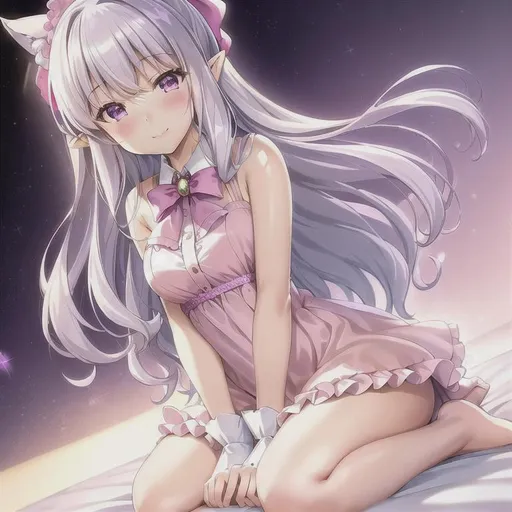 Prompt: beautiful, masterpiece, best quality, extremely detailed face, perfect lighting, 1girl, solo,hoshino ai, ascot dress, purple eyes, simple background, smile, white hair, looking at viewer, sitting, pink dress, hair between eyes, blush, bangs, pointy ears, full body, ribbon, wariza, seiza, frilled shirt collar, teeth, skirt, pink skirt, fang, vampire, v arms