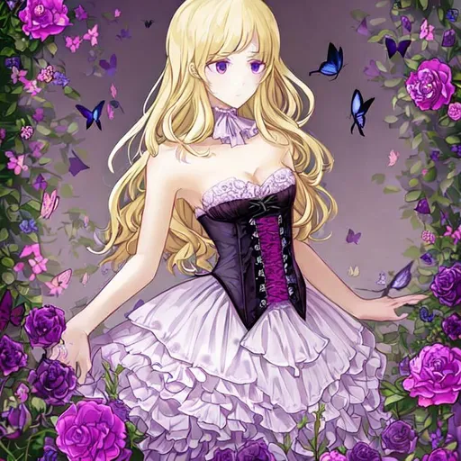 Prompt:  Woman long wavy light blonde hair with a beautiful short purple strapless corset short dress with flowers and butterflies
