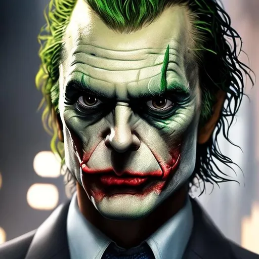 Prompt: portrait shot ((Hyper-realistic shot)), ((extremely detailed:1.5)), ((8K resolution)), ((The Joker)) Perfect face,  perfect anatomy,  beautifully detailed face facing frontal camera, --9:16