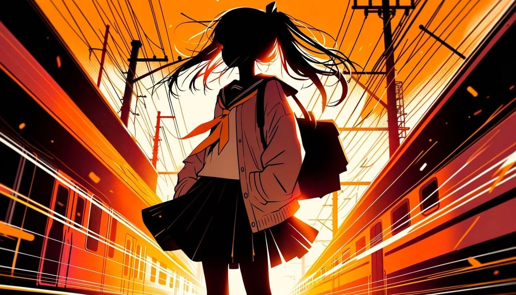 Prompt: a girl standing in silhouette with an orange background, in the style of dynamic anime, light leaks, traincore, precisionist art, flattened perspective, deep shadows, honeycore in wide ratio