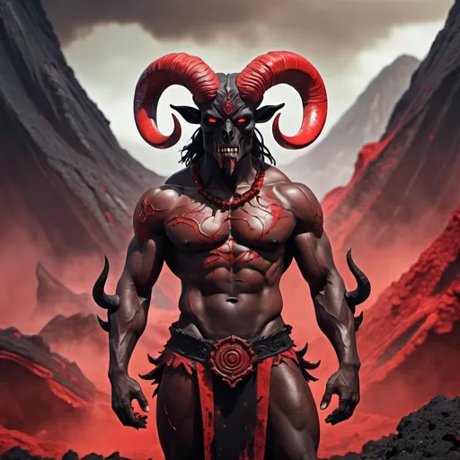 Prompt: Fantasy illustration of an the male archdemon of elements, muscular body, red and black skin-color, ram horns, eerie wooden mask, glorifying pose, blood stained, in a distorted volcanic landscape, vibrant colors