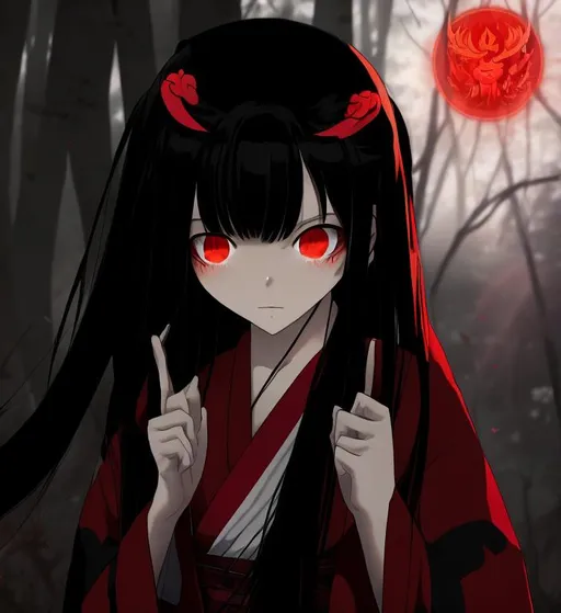 Prompt: anime. Female. long-black-hair. red-eyes. black-kimono. White-skin. Enma-Ai. Hell-girl.
Night. 
Forest-fire. 
Dark colours. 