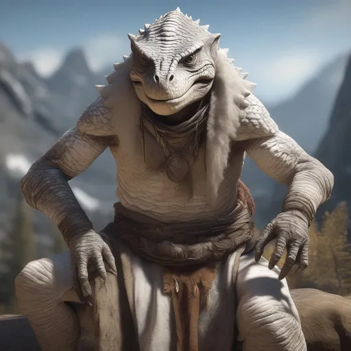 Prompt: perrealistic mixed media image of a Elder Argonian white color elder scrolls, wearing shamanic primitive clothing, with rustic camouflage details, stunning 3 d render inspired art by greg rutkowski and xiang duan and thomas eakes, perfect facial symmetry, flesh texture, realistic, highly detailed attributes and atmosphere, dim volumetric cinematic lighting, 8 k octane detailed render, post - processing, masterpiece,