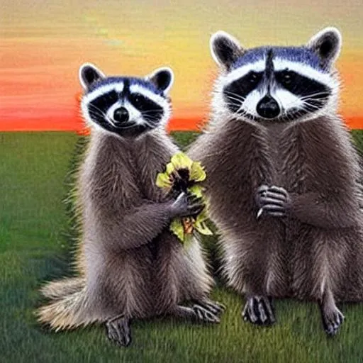 Prompt: Raccoons getting married at sunset modern art
