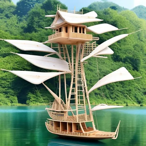 Prompt: A white 15 meters wooden sailing boat inspired on a bamboo tree house and a cotton cloud