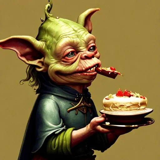 Prompt: medieval goblin eating cakes painted by hieronymus bosch, detailed digital art, trending on Artstation