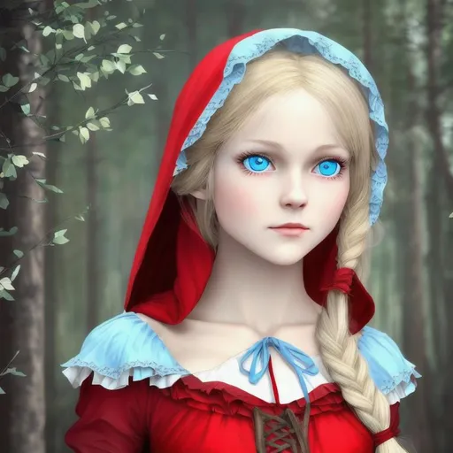 Prompt: red riding hood as a young light blonde girl with light blue eyes wearing a beautiful russian dress, symetric face, ultra realistic