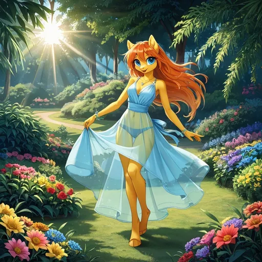 Prompt: ultra-detailed pony girl furry, (slim, cute, athletic), dancing in her garden,  wearing a translucent sun dress.  

soft sunlight creating delicate shadows, lush greenery and colorful flowers surrounding her, a whimsical and enchanting ambiance, capturing motion and vitality, magical feel of a sunny day, serene atmosphere.