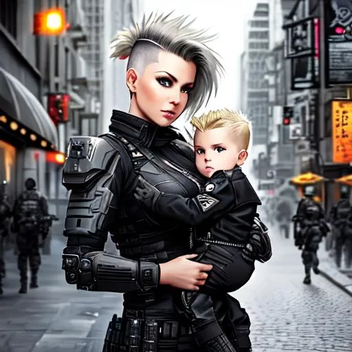 Prompt: Call of Duty style, older human female, cyborg, mohawk blonde hair, detailed, wearing black combat gear with gray embellishments, holding a child ,epic city scape, dystopian