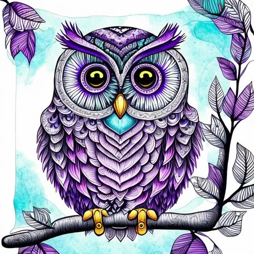 Prompt: Create a color zentangle illustration of a cute baby owl in shades of blue and purple
