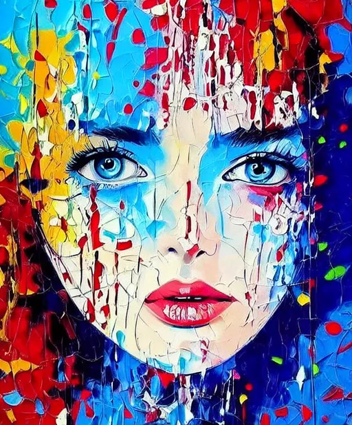 Prompt: stunning beautiful realistic , impressionism woman portrait, head and shoulder , blue eyes, pop art, full colors, abstract style, acrylic painting, palette knife, background paint with drop splatter, detailled,