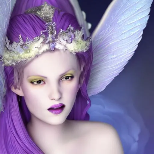 Prompt: white fairy princess  with purple background,closeup, hyper realistic