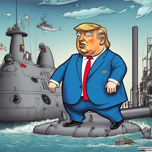 Prompt: Cute, obese Spy Trump in front of a submarine in drydock, dark-blue suit, too long red tie, u-boat scene, bright colored, Sergio Aragonés MAD Magazine cartoon style