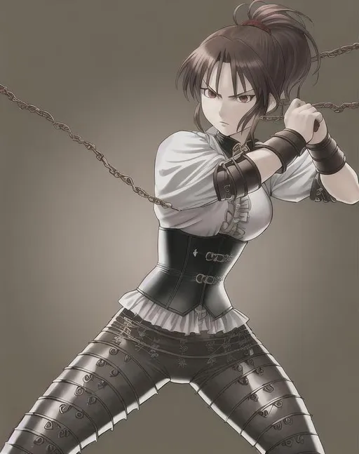 Prompt: Kusarigama, chain whip, corset, action pose, brown hair, ponytail