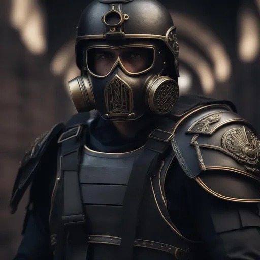 Prompt: A modern roman military male in black military armor galea helmet of roman armor, and gas mask, background World War 3, Hyperrealistic, sharp focus, Professional, UHD, HDR, 8K, Render, electronic, dramatic, vivid, pressure, nervous vibe, loud, tension, dark, Epic